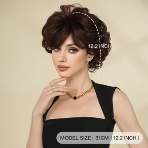 Short dark brown pixie cut wig for women with natural 31cm fluffy curly hair texture