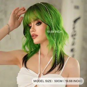 50cm neon green wavy wig with bangs and black tips for party and subculture fashion
