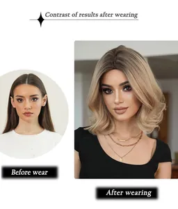 Details der aschblonden Wellenperücke mit dunklem Ansatz und realistischem Mittelscheitel