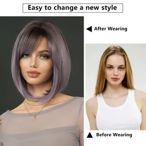 Kurze Ombre Grau-Lila Bob-Perücke für Damen mit schrägem Pony Vorher-Nachher-Vergleich
