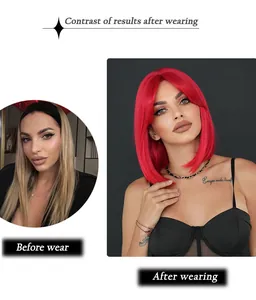 Vorher-Nachher-Vergleich einer leuchtend roten Bob-Perücke mit Pony für festliche Looks