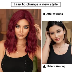 Macro side-by-side comparison of natural wavy burgundy hair wig before and after wearing
