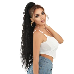 36-inch extra long black water wave ponytail extension with drawstring for voluminous look