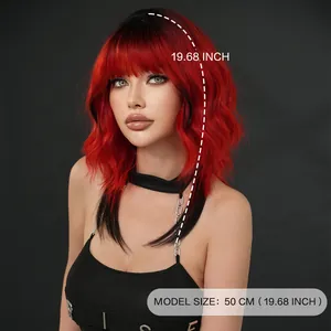 Black to red ombre wolf cut wig with bangs made of heat resistant synthetic fiber