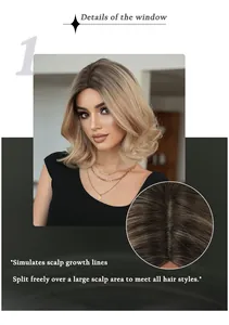 Detail der simulierten Kopfhautlinien bei der blonden gewellten Ombre-Bob-Perücke für Damen
