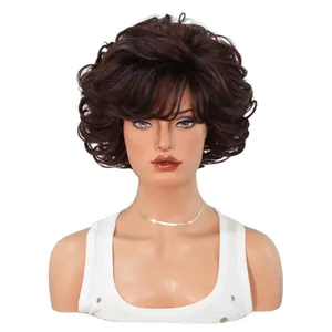 Brown pixie cut wig for women with curly layers and airy bangs for a retro style