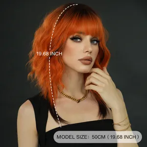 Vibrant 50cm orange wavy wig with bangs and dark roots for party cosplay events
