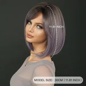 Kurze 30cm Bob-Perücke für Damen mit lila Farbverlauf Ombre und Seitenpony