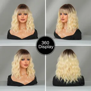 360-degree view of wavy ombre blonde wig with bangs showing front side and back views