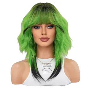 Short neon green and black bob wig with bangs for stylish party fashion cosplay