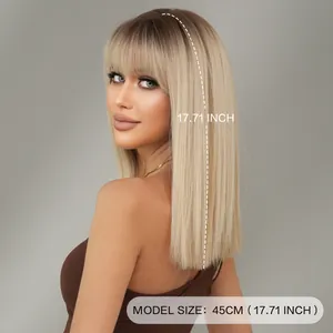 Perruque blonde lisse mi-longue avec frange, 45cm en fibres synthétiques pour femmes