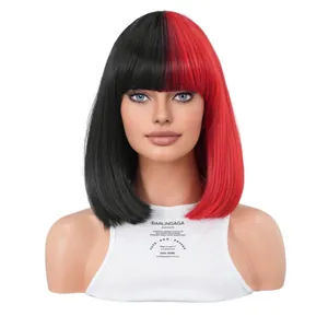 Parrucca bob corta con frangia in nero e rosso diviso per cosplay e stile di strada