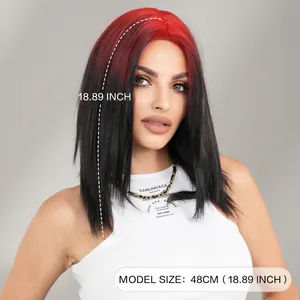 Shoulder-length straight synthetic wig with red gradient black roots, 18.89 inch length