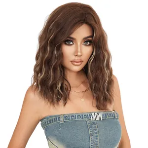 Natural brown shoulder length wavy wig with blonde highlights and side swept bangs