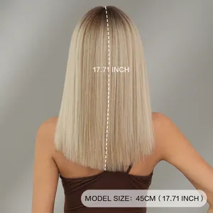 Perruque blonde lisse mi-longue avec frange, vue arrière longueur 45cm 17,71 pouces