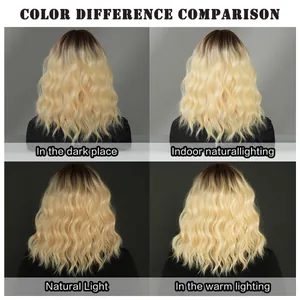 Comparison of ombre blonde wavy wig colors under different lighting conditions