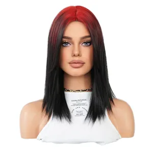 Shoulder-length straight wig with vibrant red roots and black gradient finish