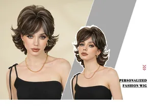 Detail of layered pixie cut wig with ash highlights and soft bangs for women