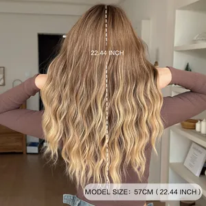 Long wavy ombre brown wig with bangs 22.44 inch 57cm natural synthetic hair for women