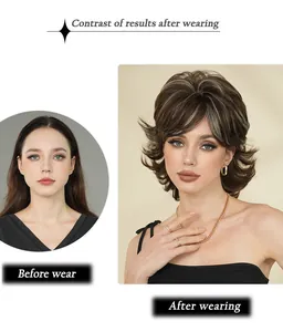 Before and after contrast of short dark brown pixie cut wig with grey highlights