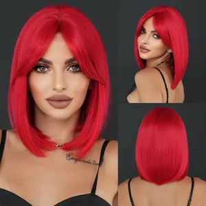 Damen Kurze Rote Gerade Bob Perücke Mit Pony Hitzebeständige Synthetikfaser Für Halloween Ostern Cosplay Party Alltag