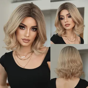 Mittelscheitel Schulterlange Wellige Perücke Ash Blonde Ombre Synthetische Hitzebeständige Faser Perücke Für Damen Natürlicher Look Alltag