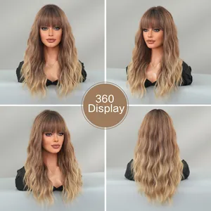 Gradient brown long wavy wig with bangs shown in a 360-degree multi-angle display