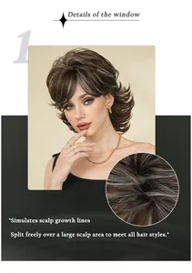 Close-up of realistic scalp detail and brown pixie cut wig with silver highlights