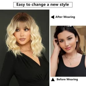 Ombre blonde wavy shoulder-length wig with bangs for a natural stylish transformation