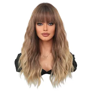 Long wavy synthetic wig with air bangs in light brown to blonde gradient finish