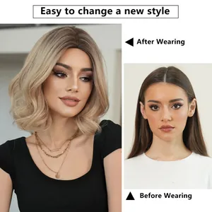 Kurze blonde gewellte Bob Perücke für Damen mit Ombré-Ansatz und stylischem Mittelscheitel