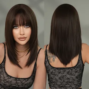 Front and back view of brown shoulder-length straight wig with bangs and V-shaped layering