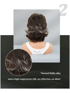 Detail of matte high temperature silk texture on short curly wig with silver highlights