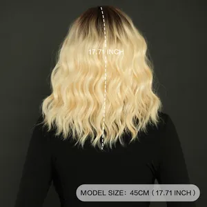 Medium length wavy wig in ombre gold with bangs, back view showing 17.71 inch hair length