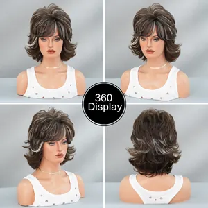 Detailed 360-degree view of women's short wavy pixie wig with silver highlights