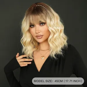 Shoulder length ombre blonde wavy wig with bangs 17.71 inch synthetic hair for women