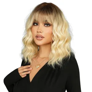 Shoulder-length wavy ombre blonde wig with air bangs and natural gradient dark roots