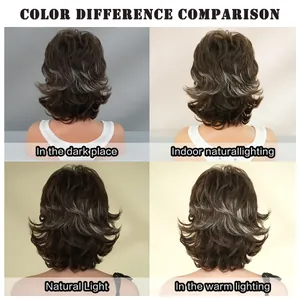 Short wavy pixie wig shown in four lighting conditions from dark to warm indoor light