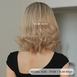 Mittellange aschblonde gewellte Perücke für Damen, 37 cm Länge mit natürlichem Mittelscheitel