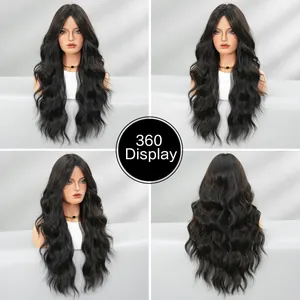Vista multi-angolo a 360 gradi della parrucca sintetica nera lunga e ondulata con frangia