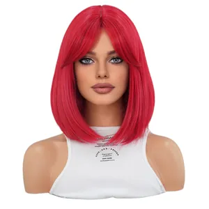 Leuchtend rote Bob-Perücke mit Pony für Halloween, glattes kurzes Kunsthaar für Damen