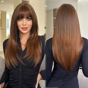 Detailed back and front views of long straight dark brown hair wig with wispy bangs