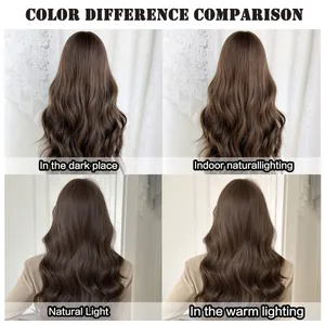 Comparación del color del cabello castaño ondulado bajo luz natural, interior y cálida