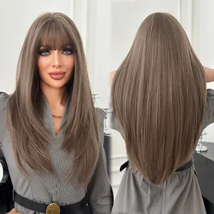 Front and back views of mid-length straight wig with air bangs and layered brown hair