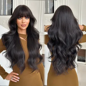 Longue perruque ondulée noire naturelle avec frange pour femme, cheveux synthétiques de qualité