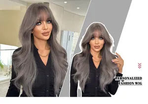 Close-up of long wavy grey-purple wig with bangs showing natural fiber texture