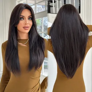 Detail showing the layered V-cut ends and smooth texture of dark brown long straight hair
