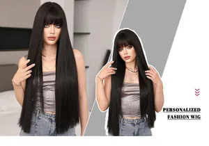 Detailed view of 28-inch straight black wig with bangs and a natural glossy texture