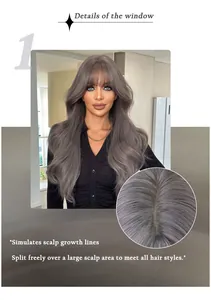 Detail of long wavy ash brown wig showing the realistic simulated scalp growth line