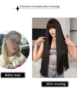 Detail contrast view showing natural black straight hair wig before and after wearing effect